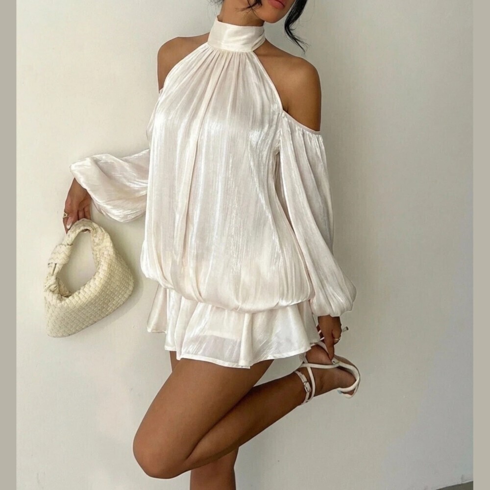 Ivory Satin Halter Cold Shoulder Balloon Sleeve Mini Dress